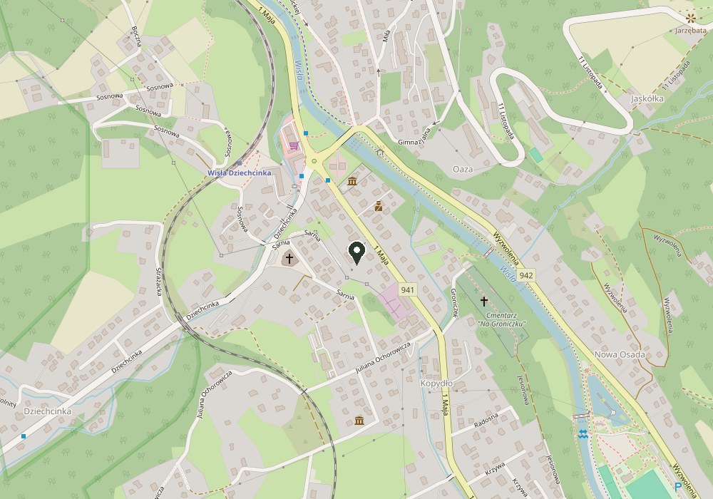 Mapa z lokalizacją salonu Yennefer przy 1 Maja 21 w Wiśle
